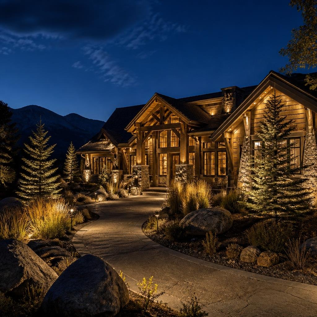 Architectural outdoor lighting on a home in Pagosa Springs, Colorado
