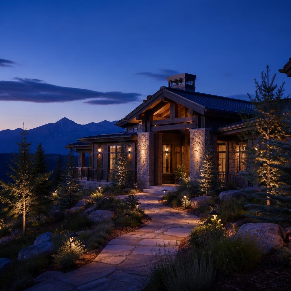 Custom landscape lighting at a home in Pagosa Springs, Colorado